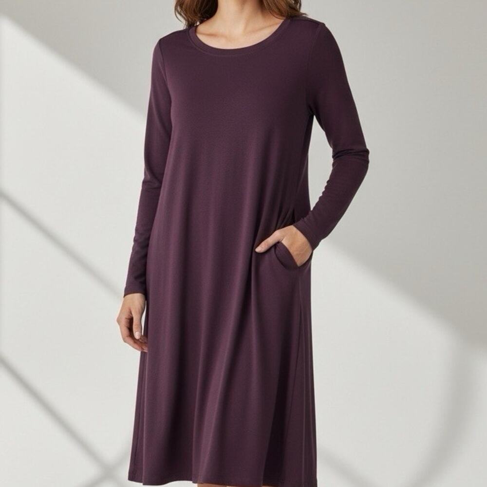 Pact Revive Shift Dress Medium Eggplant Jersey Knit Long Sleeve Pockets Swing